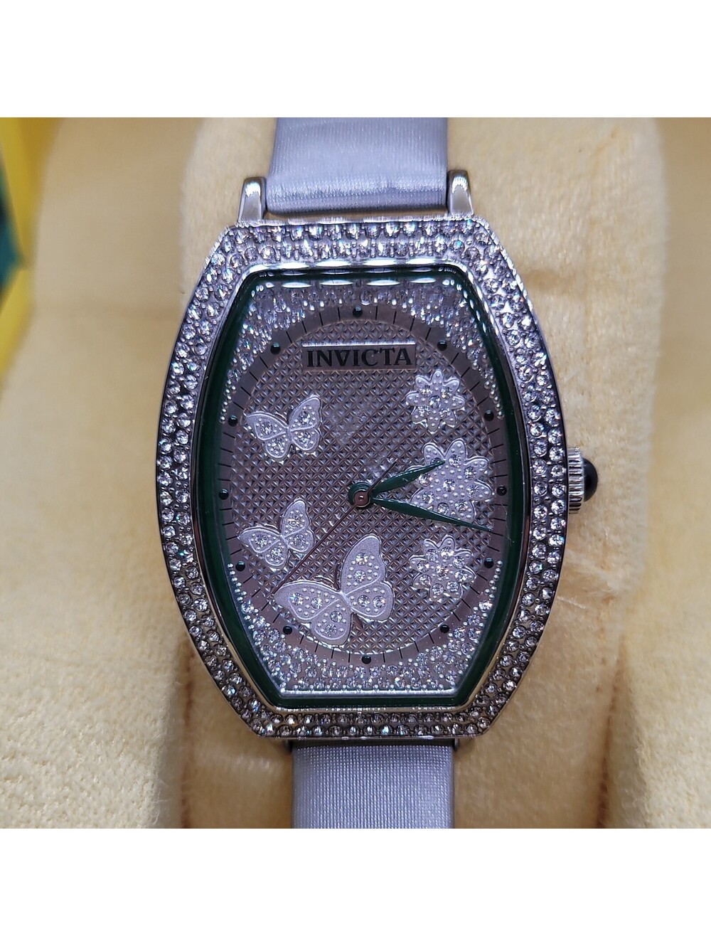564 Invicta Women's Tonneau Silver Butterfly Dial Quartz Satin Strap Watch